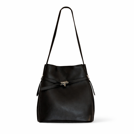 Black leather shoulder bag with adjustable strap and clasp detail