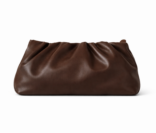 MOA coffee brown lambskin shoulder bag with soft gathered design and minimalist strap on a clean background