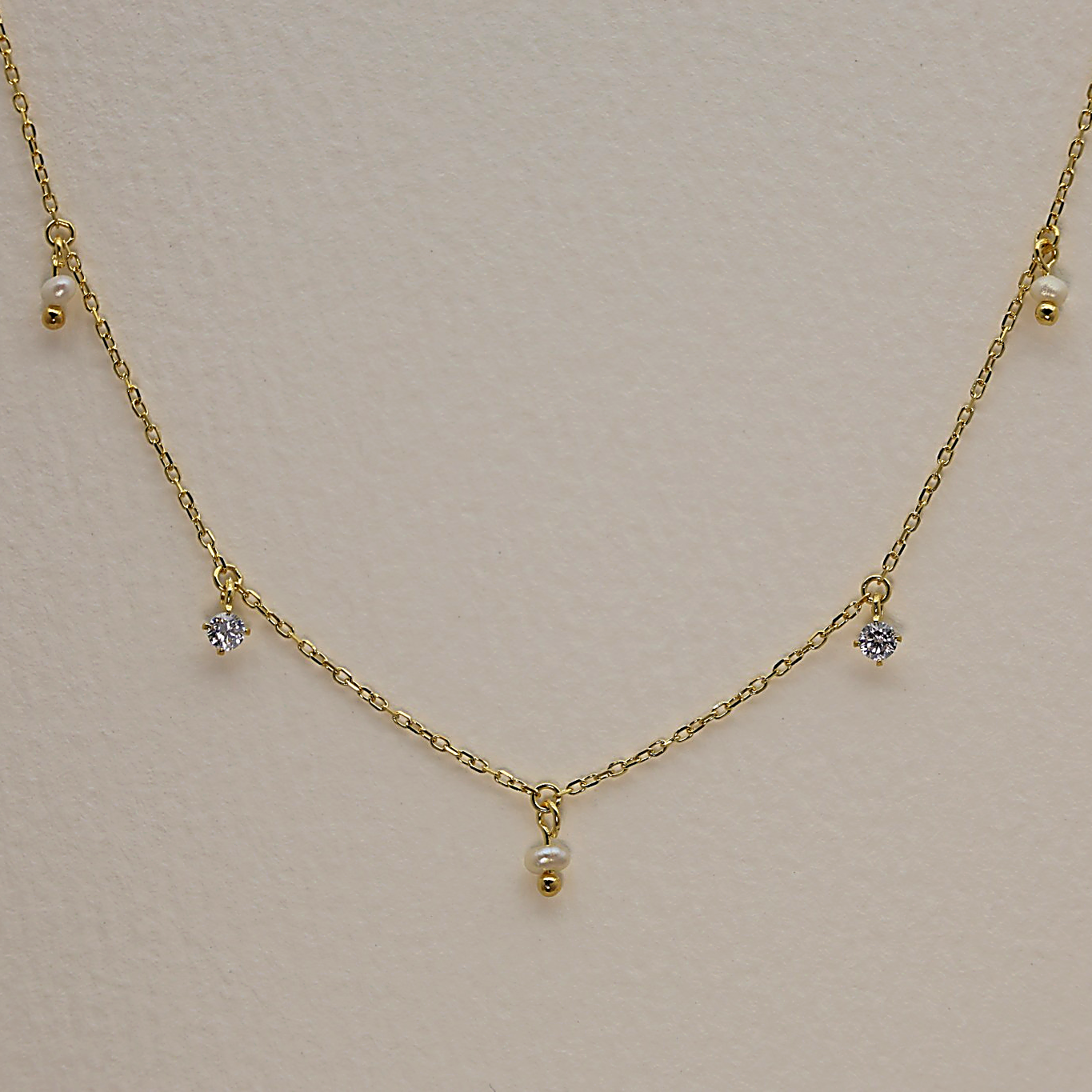 Gold vermeil drop necklace with natural pearls and cubic zirconia on a fine chain, 42cm + 3cm extension