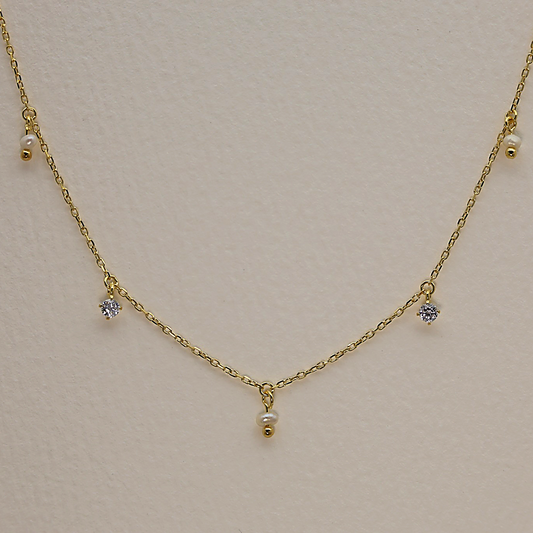 Gold vermeil drop necklace with natural pearls and cubic zirconia on a fine chain, 42cm + 3cm extension