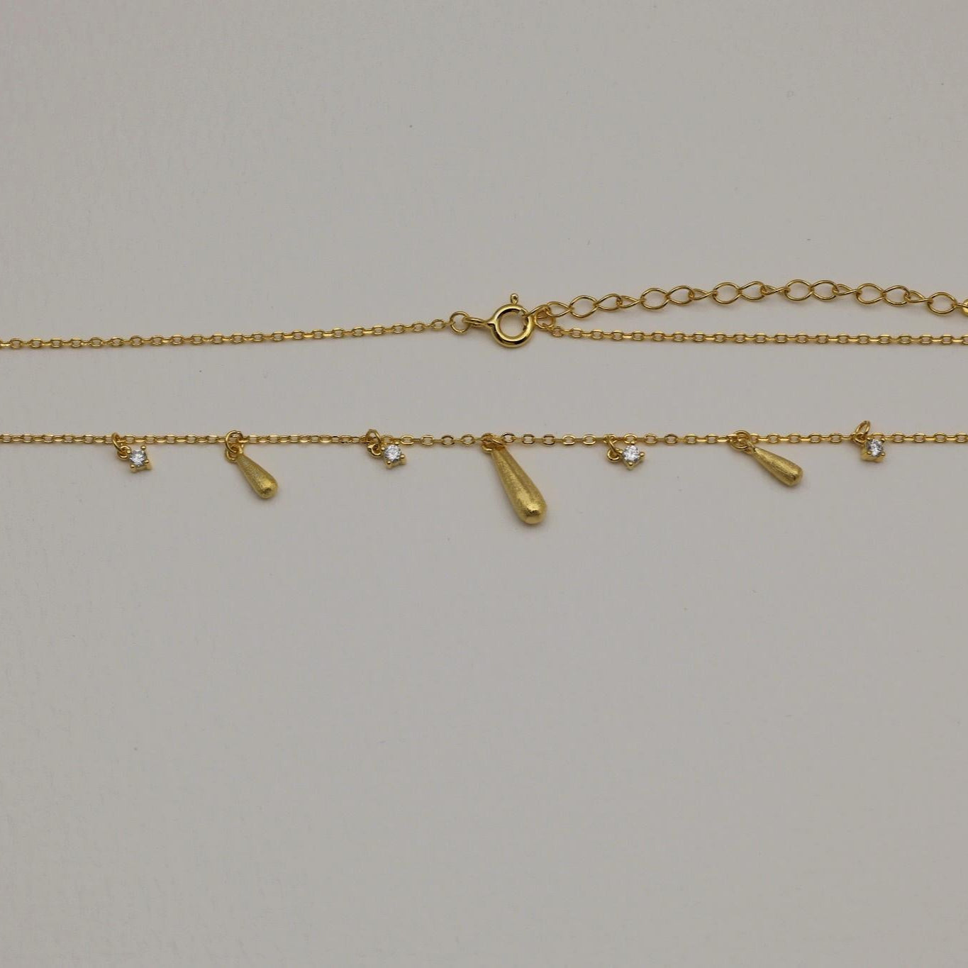 Gold vermeil necklace with teardrop charms and cubic zirconia stones, 42cm + 3cm extension, made in Korea
