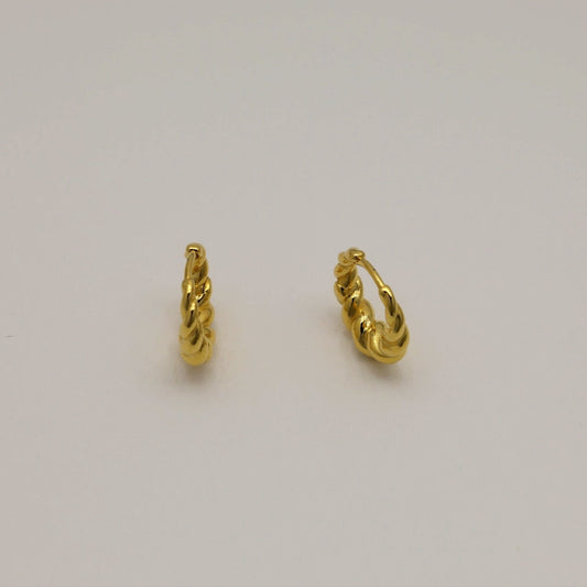 Matte gold vermeil rope twist mini hoop earrings with hinge closure, displayed on neutral background.