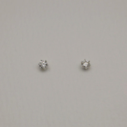 Front and side views of the Loane Moissanite Stud Earrings in Sterling Silver, showing six-prong setting and butterfly backings.