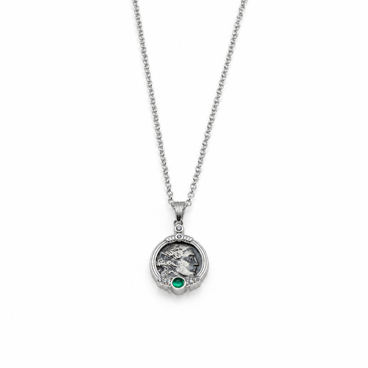Lysandra Coin Necklace with Green Agate in 925 Sterling Silver by MOA - view 1