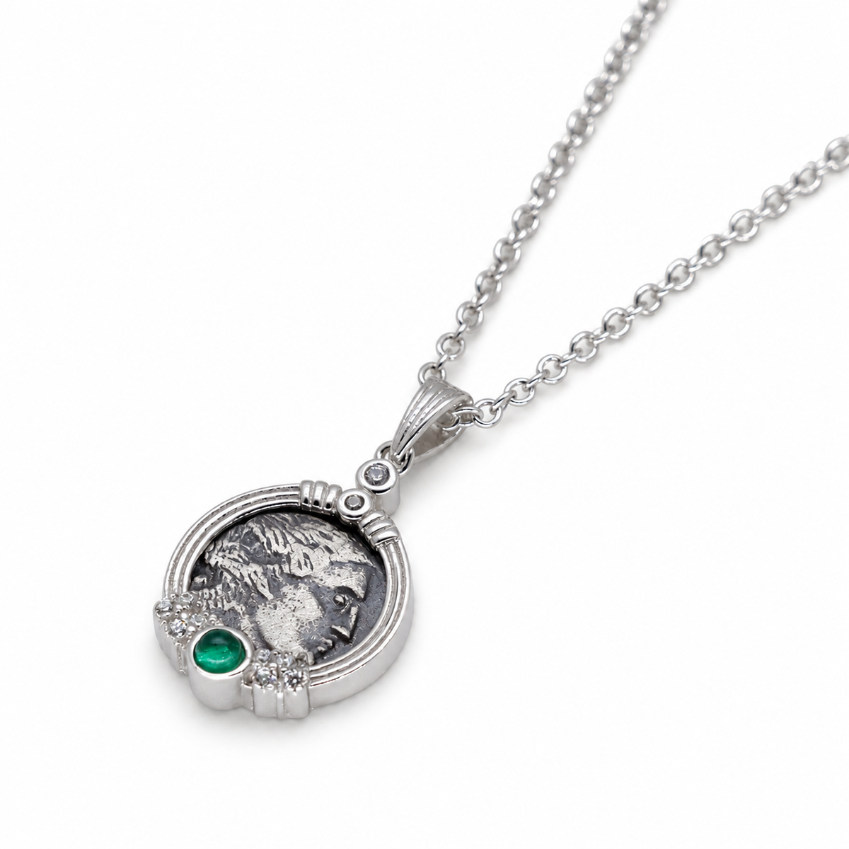 Lysandra Coin Necklace with Green Agate in 925 Sterling Silver by MOA - view 2