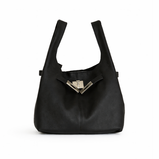 MOA black leather hobo bag with soft structure, curved handle, and metal clasp detail on a clean background