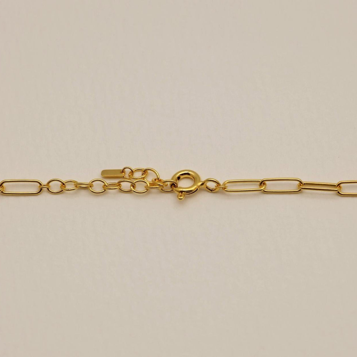 Close-up of gold vermeil rectangular link chain necklace on cream background.