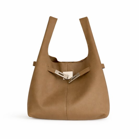 MOA grey leather hobo bag with soft structure, adjustable strap, and metal clasp detail on a clean background