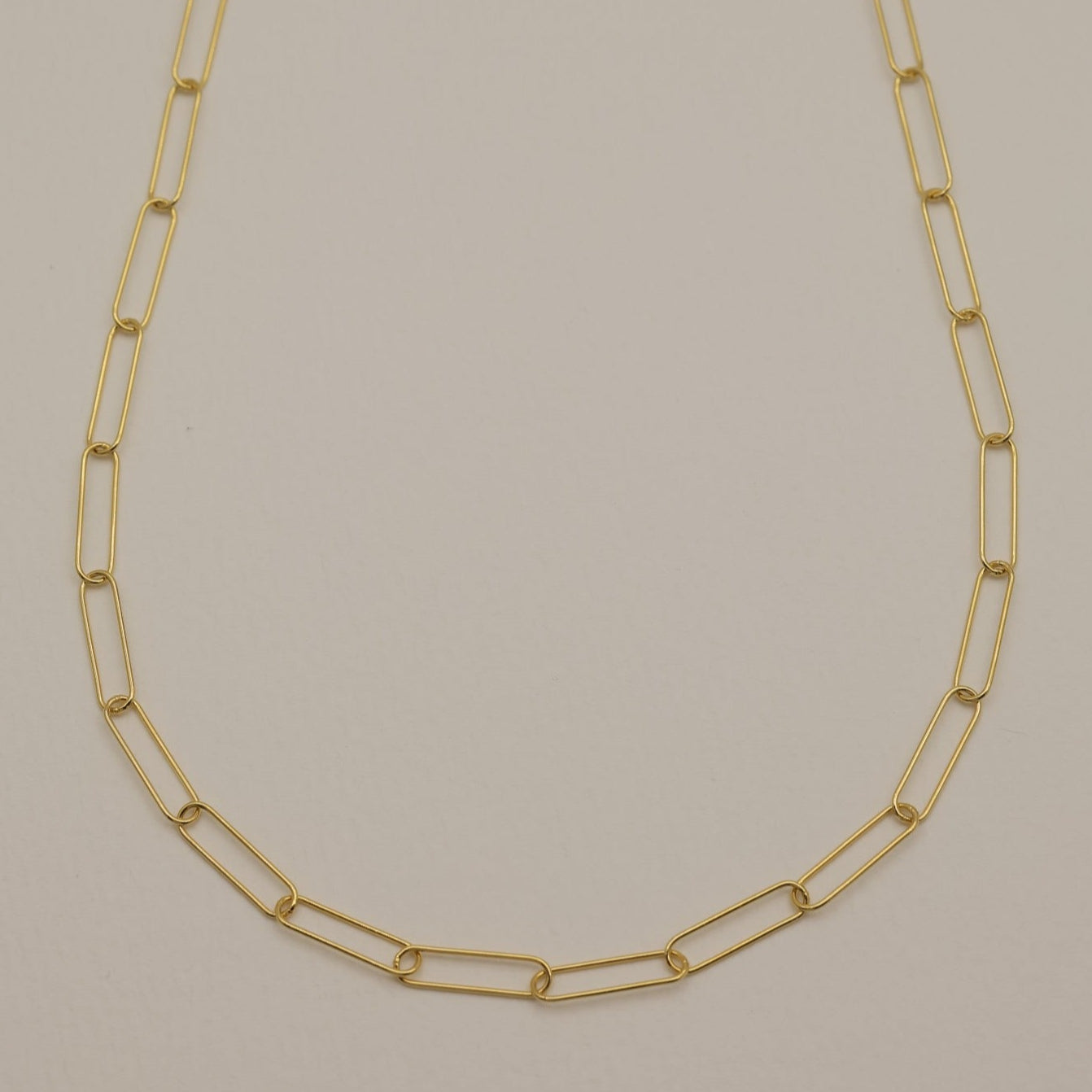 A wide view of the long gold chain necklace laid out in a gentle oval shape, showcasing its versatile styling.

