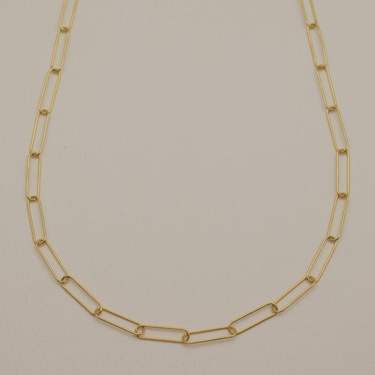 A wide view of the long gold chain necklace laid out in a gentle oval shape, showcasing its versatile styling.

