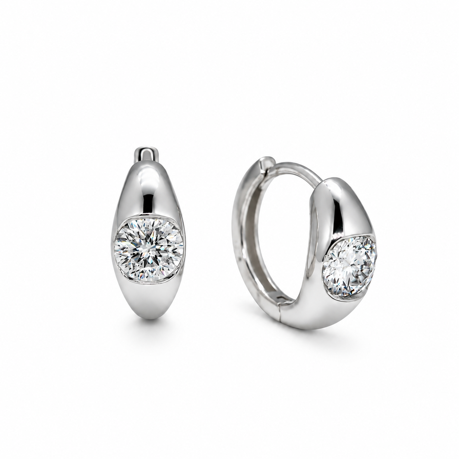 Alouette Bezel Huggie Earrings in 925 Sterling Silver - front and angled view