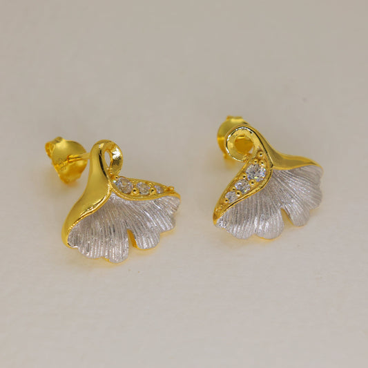 Aurelie Pave Ginkgo Stud Earrings in 18K Gold over 925 Silver by MOA - view 1