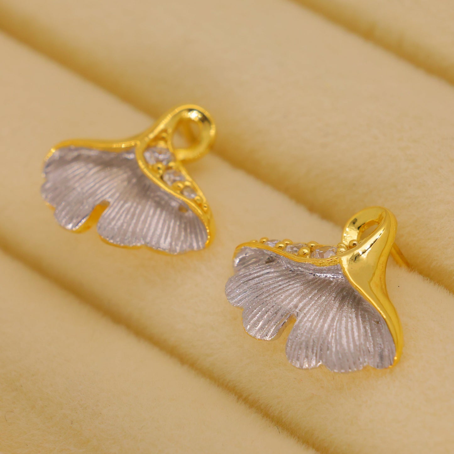 Aurelie Pave Ginkgo Stud Earrings in 18K Gold over 925 Silver by MOA - view 3
