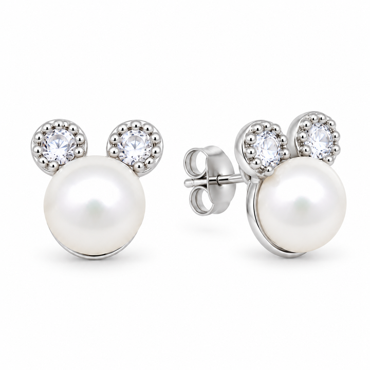 Auriane Pearl Stud Earrings in 925 Sterling Silver by MOA - front and right side view