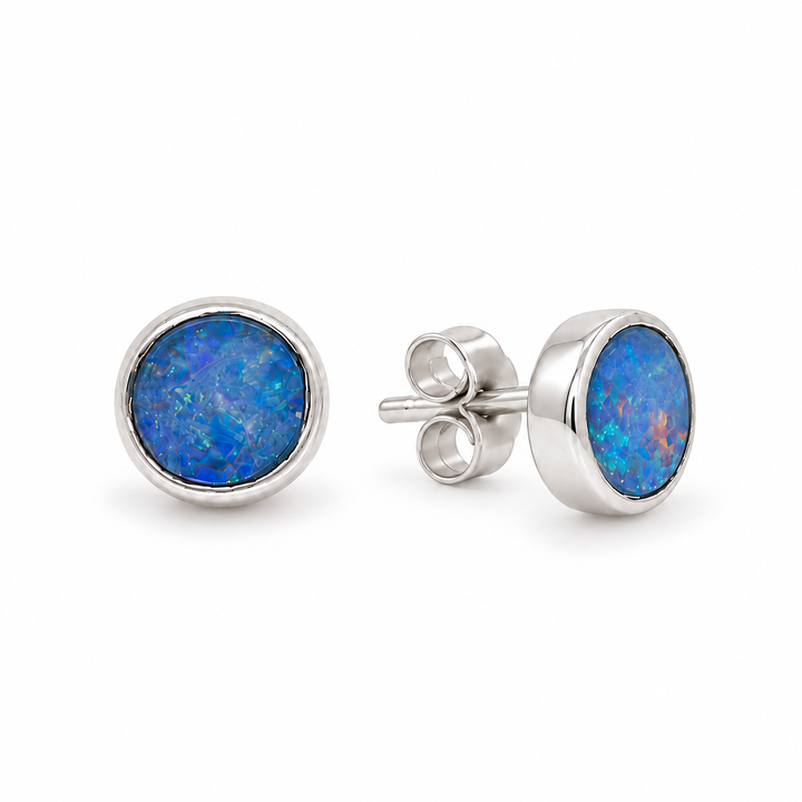 Azélie Opal Stud Earrings in 925 Sterling Silver by MOA - front and right side view