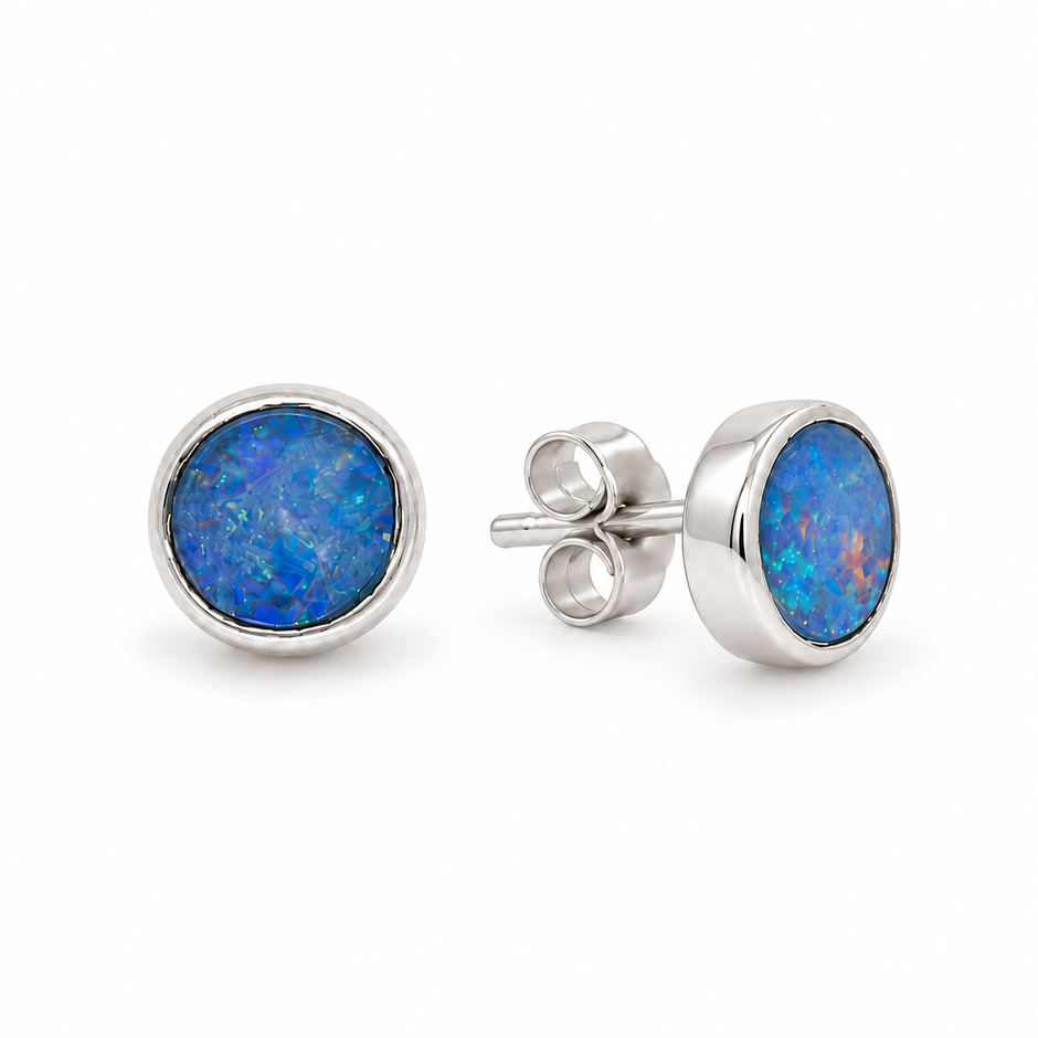Azélie Opal Stud Earrings in 925 Sterling Silver by MOA - front and right side view
