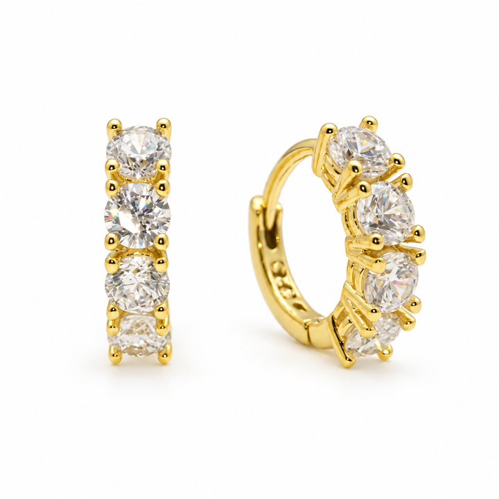 Célestine Pavé Huggie Earrings in Gold Vermeil - front and right angled view