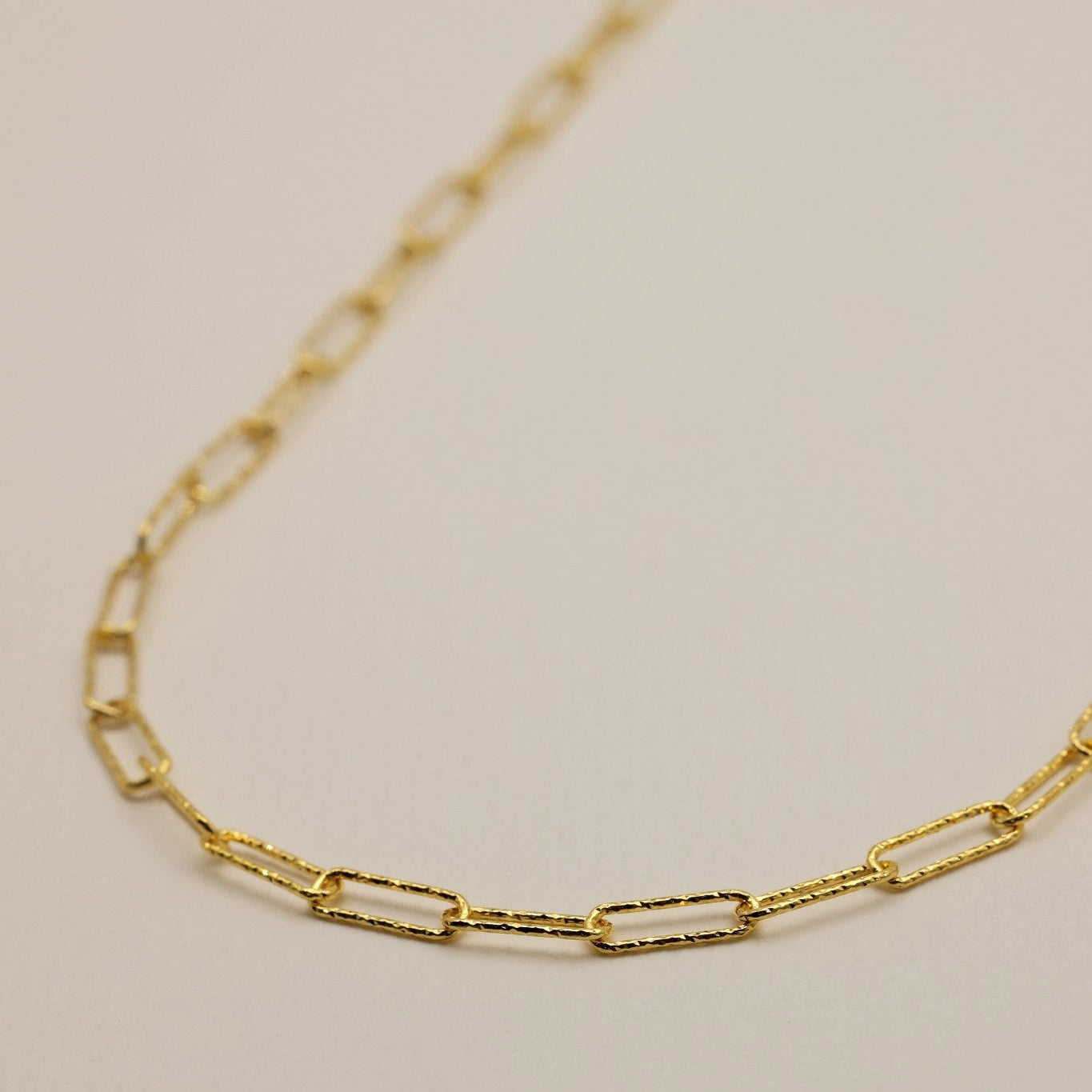 Close-up of the hammered texture links in a gold vermeil chain necklace.