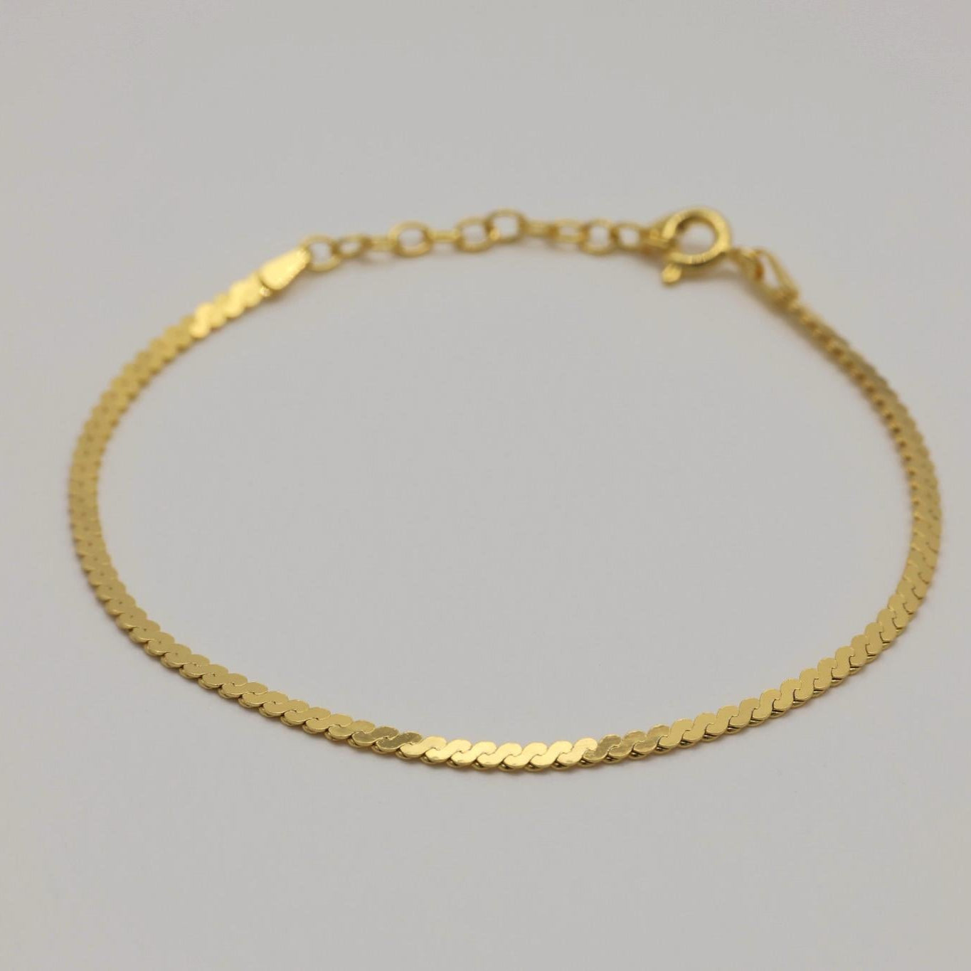 Side close-up of gold vermeil bracelet showcasing flat reflective chain pattern.