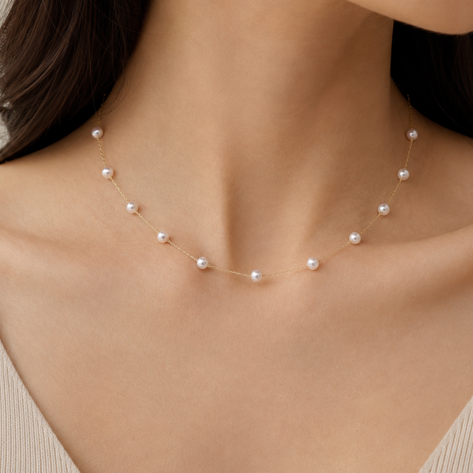 Elina Fine Station Akoya Pearl Necklace in 18K Gold by MOA - view 2