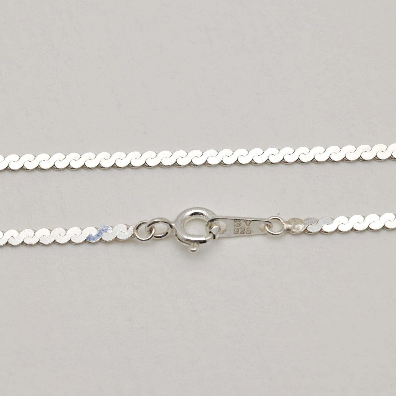 A sterling silver flat chain necklace with bold interlinked discs and a polished finish, shown in close-up and full length on a neutral background.