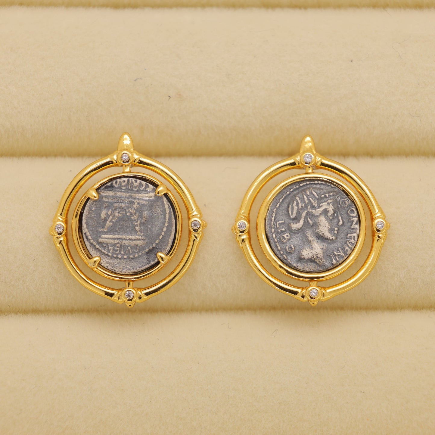 Evariste Coin Stud Earrings in 24K Gold Over 925 Silver by MOA - view 1