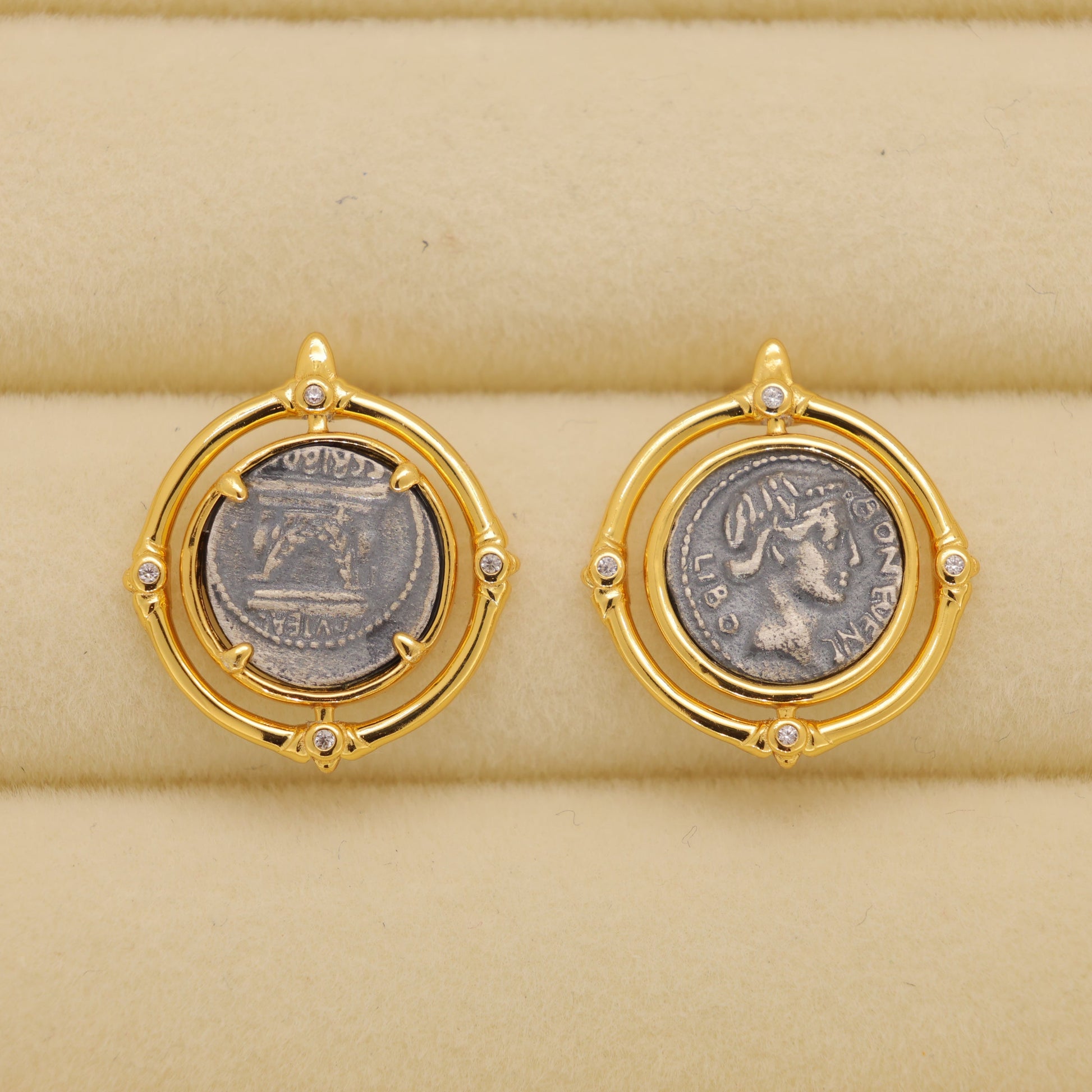 Evariste Coin Stud Earrings in 24K Gold Over 925 Silver by MOA - view 1