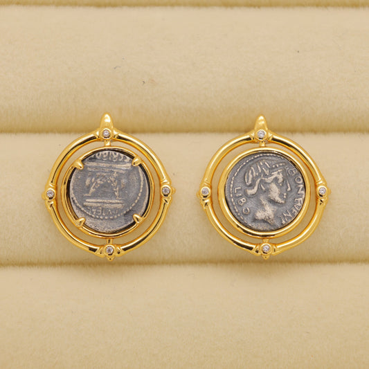 Evariste Coin Stud Earrings in 24K Gold Over 925 Silver by MOA - view 1