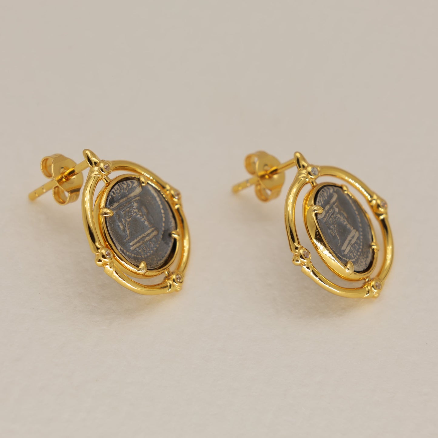 Evariste Coin Stud Earrings in 24K Gold Over 925 Silver by MOA - view 2