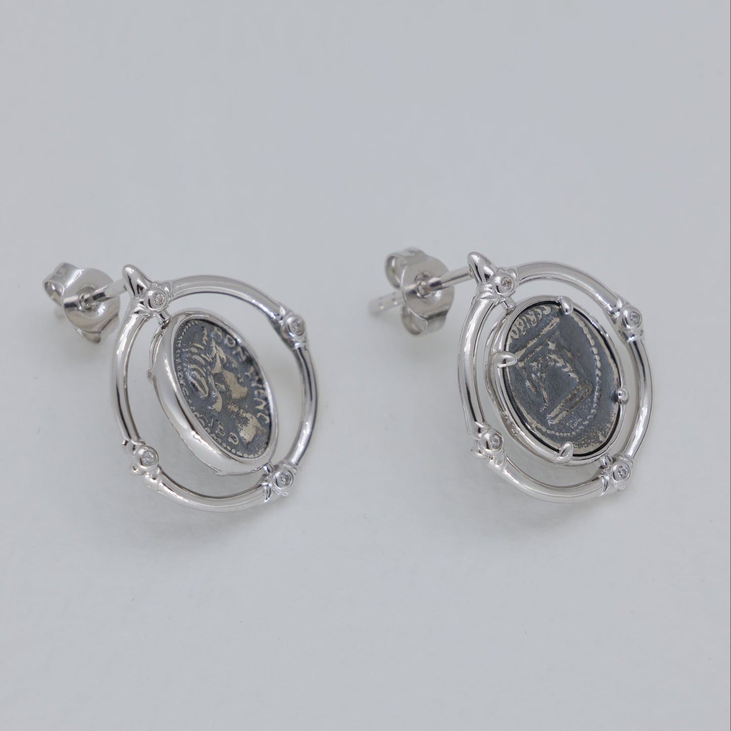 Evariste Coin Stud Earrings in 925 Sterling Silver by MOA - view 2