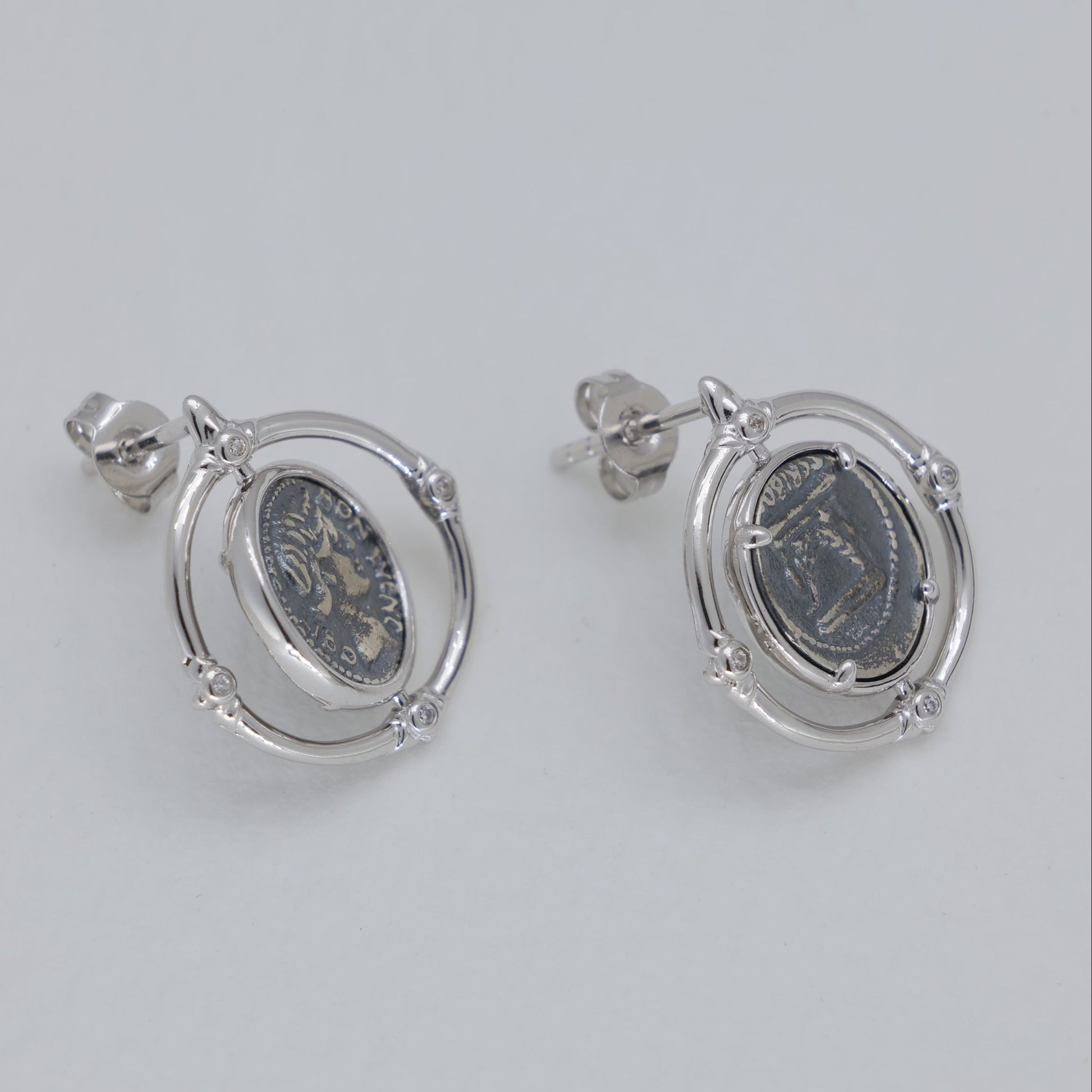 Evariste Coin Stud Earrings in 925 Sterling Silver by MOA - view 2
