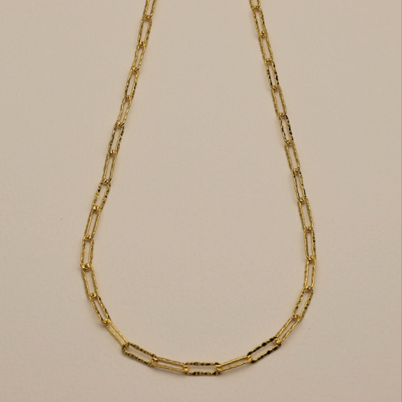 Josette Necklace full view – hammered gold rectangular chain on light background