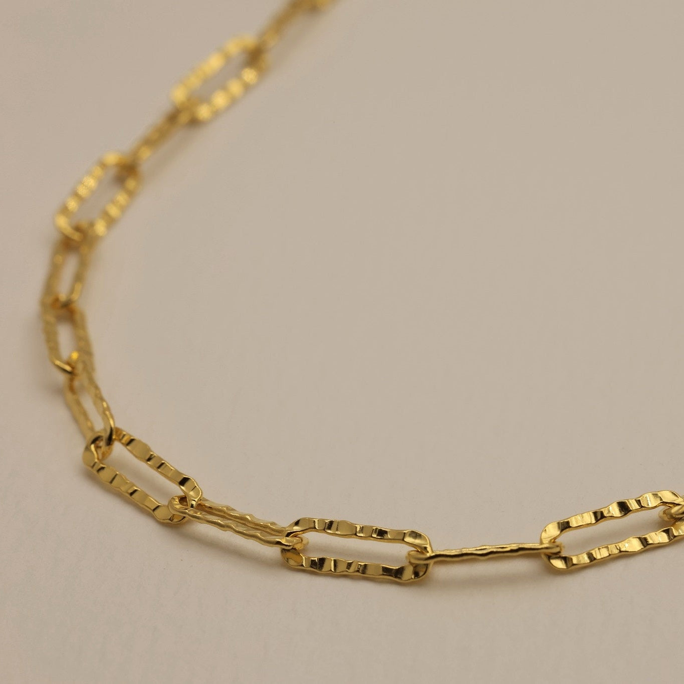Close-up of Josette Necklace – detailing the softly hammered links in gold vermeil