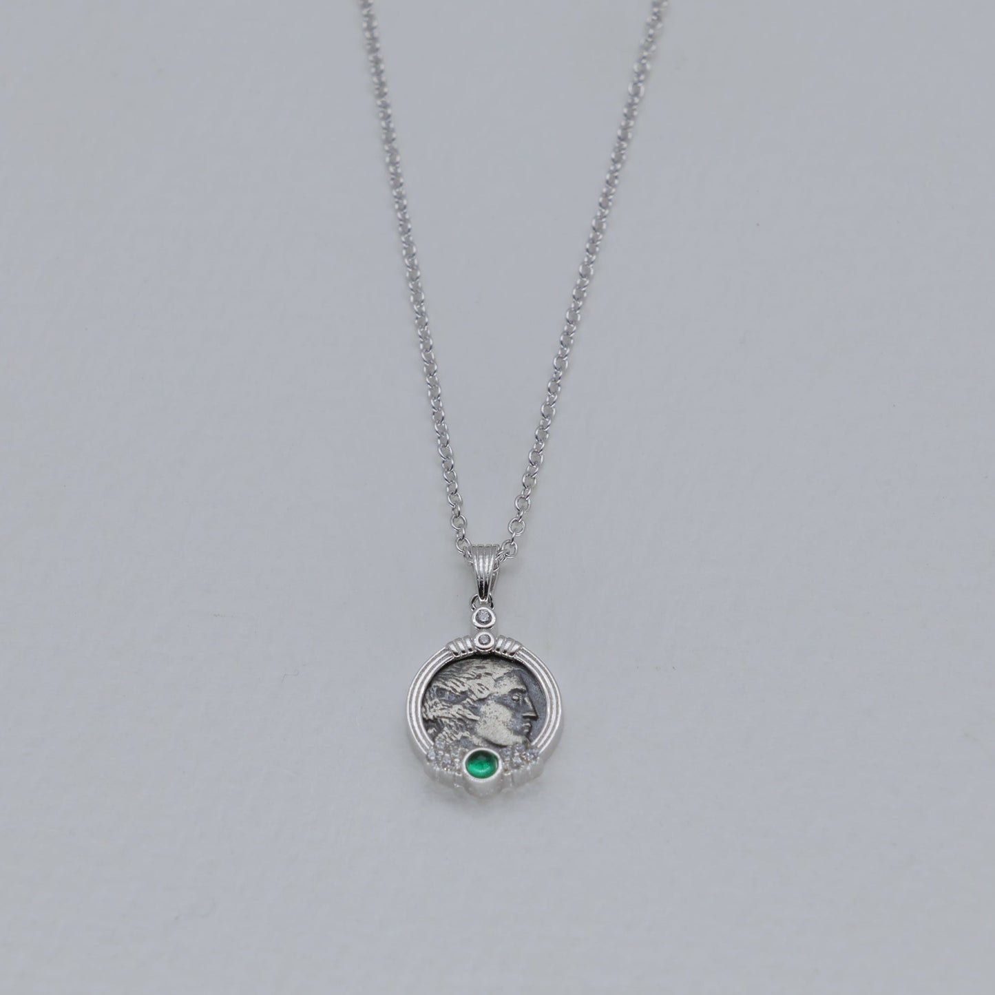 Lysandra Coin Necklace with Green Agate in 925 Sterling Silver by MOA - view 1