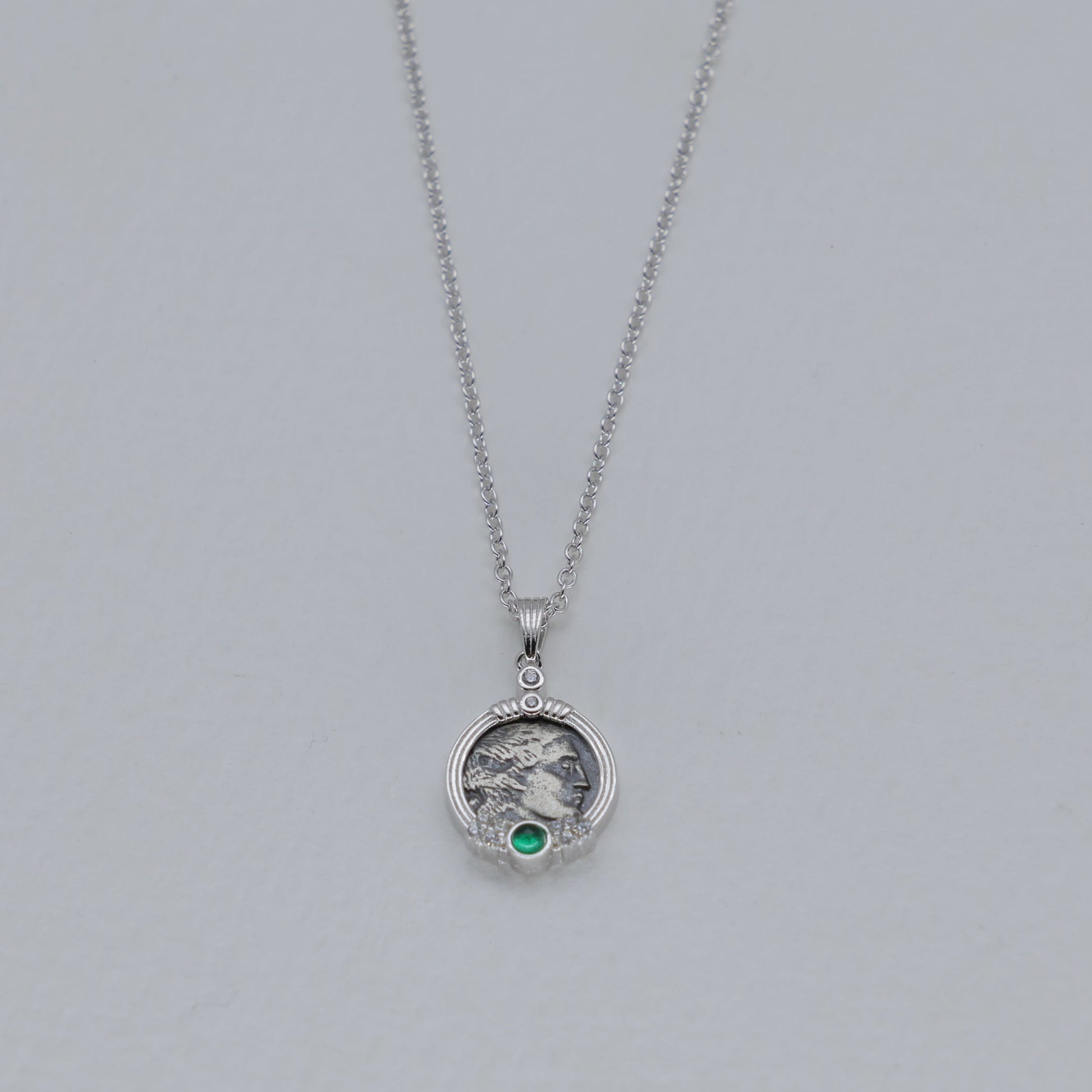 Lysandra Coin Necklace with Green Agate in 925 Sterling Silver by MOA - view 1