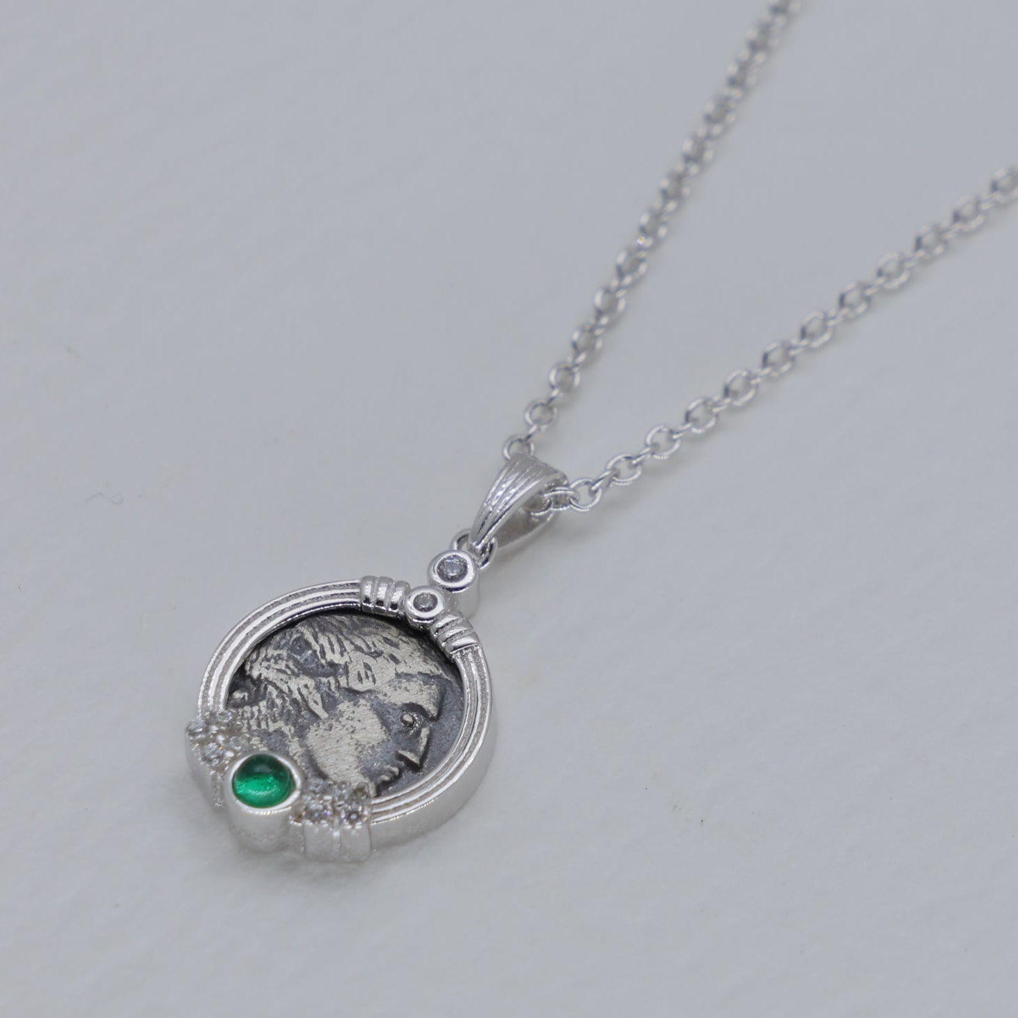Lysandra Coin Necklace with Green Agate in 925 Sterling Silver by MOA - view 2