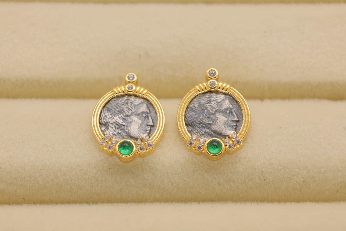 Lysandra Coin Stud Earrings with Green Agate in 24K Gold Over 925 Silver by MOA - view 1
