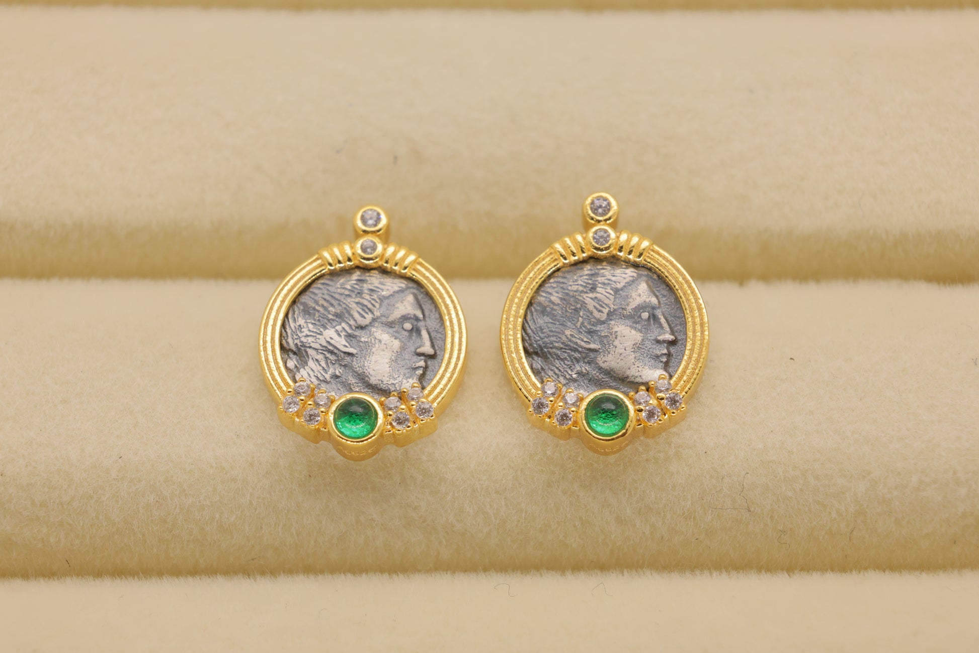 Lysandra Coin Stud Earrings with Green Agate in 24K Gold Over 925 Silver by MOA - view 1