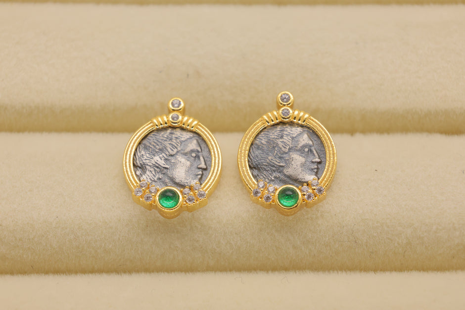 Lysandra Coin Stud Earrings with Green Agate in 24K Gold Over 925 Silver by MOA - view 1