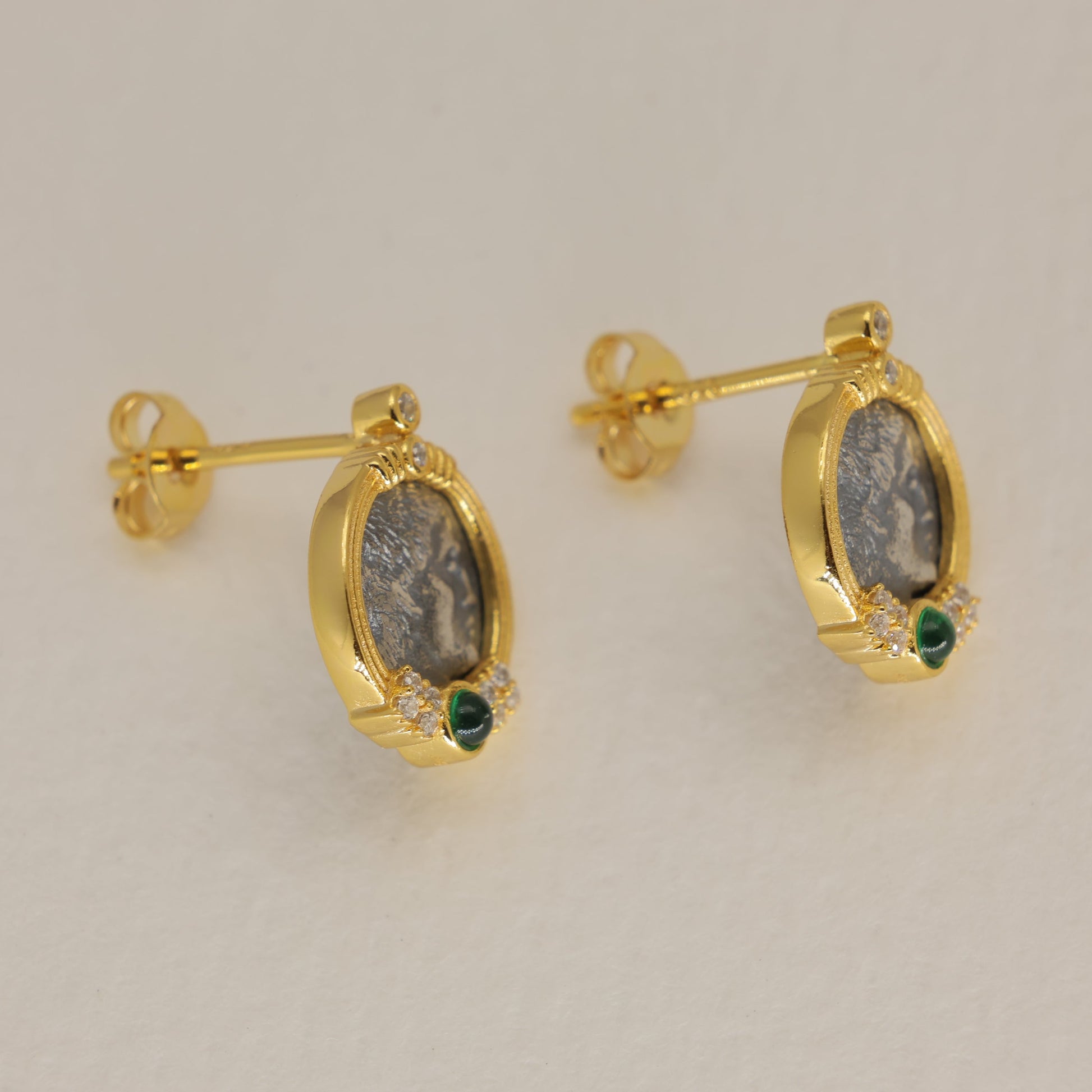 Lysandra Coin Stud Earrings with Green Agate in 24K Gold Over 925 Silver by MOA - view 2