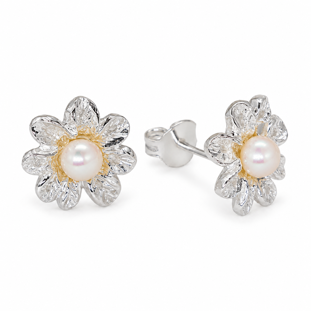 Lyselle Pearl Flower Stud Earrings in 925 Sterling Silver - front and right angled view