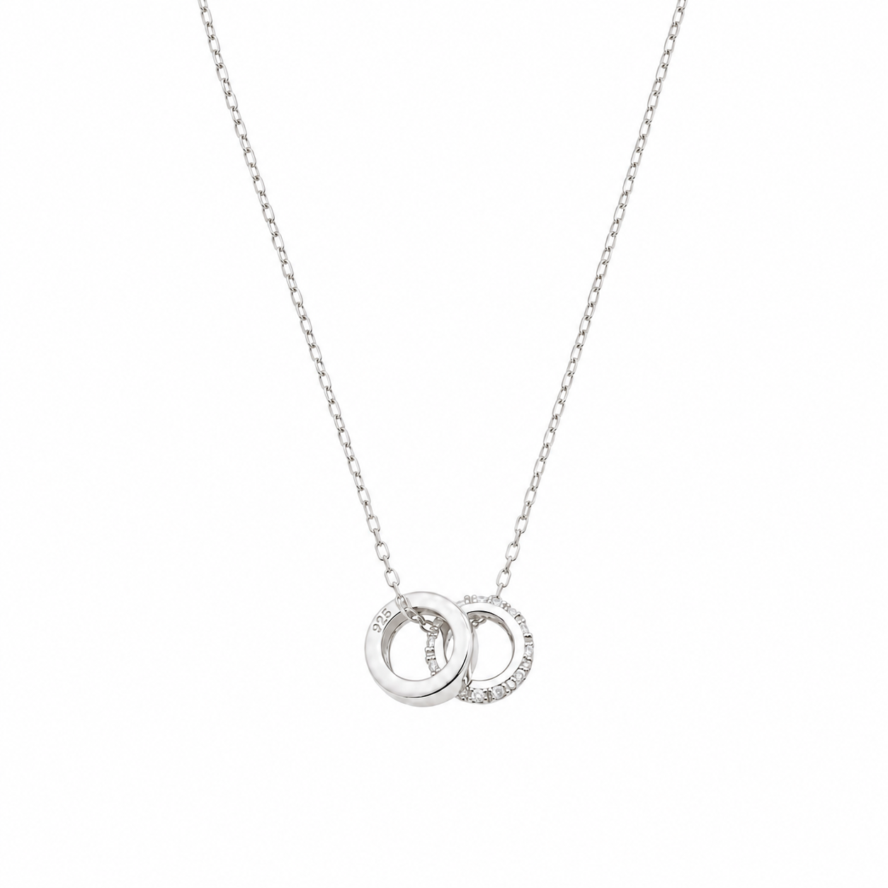 Orlène double ring cubic zirconia necklace in 925 sterling silver, angled view