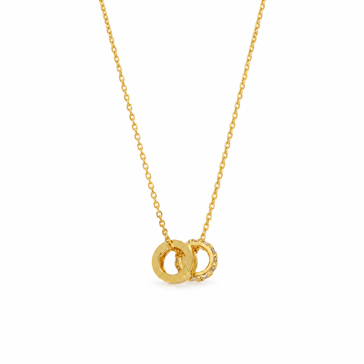 Orlène double ring cubic zirconia necklace in 18k gold vermeil, angled view