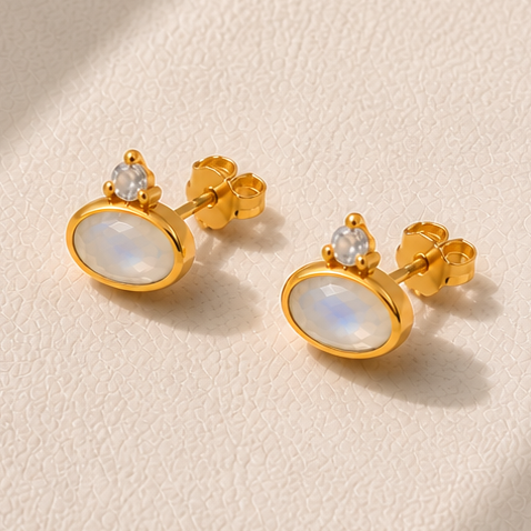 Selene Ovale CZ Moonstone Stud Earrings in Gold Vermeil by MOA - view 2