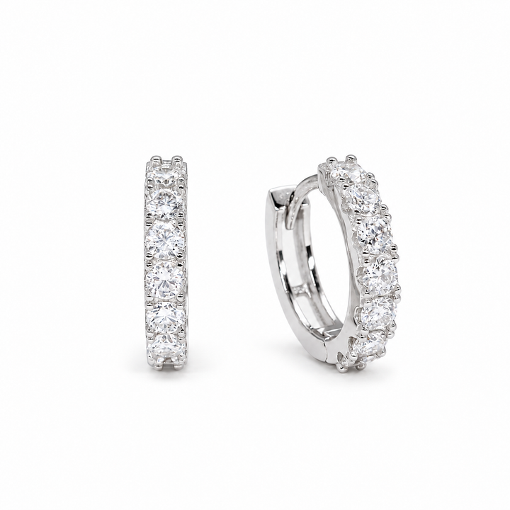 Sévara Pavé Huggie Earrings in 925 Sterling Silver - front and angled view