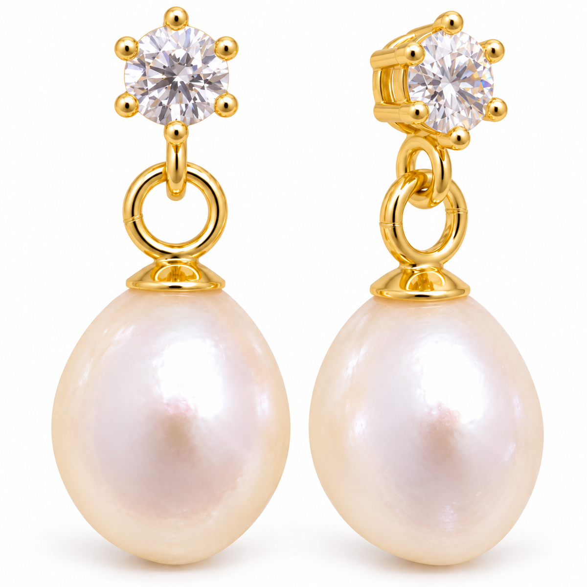 SHARON Pearl Drop Earrings in Gold Vermeil — pearl and cubic zirconia detail