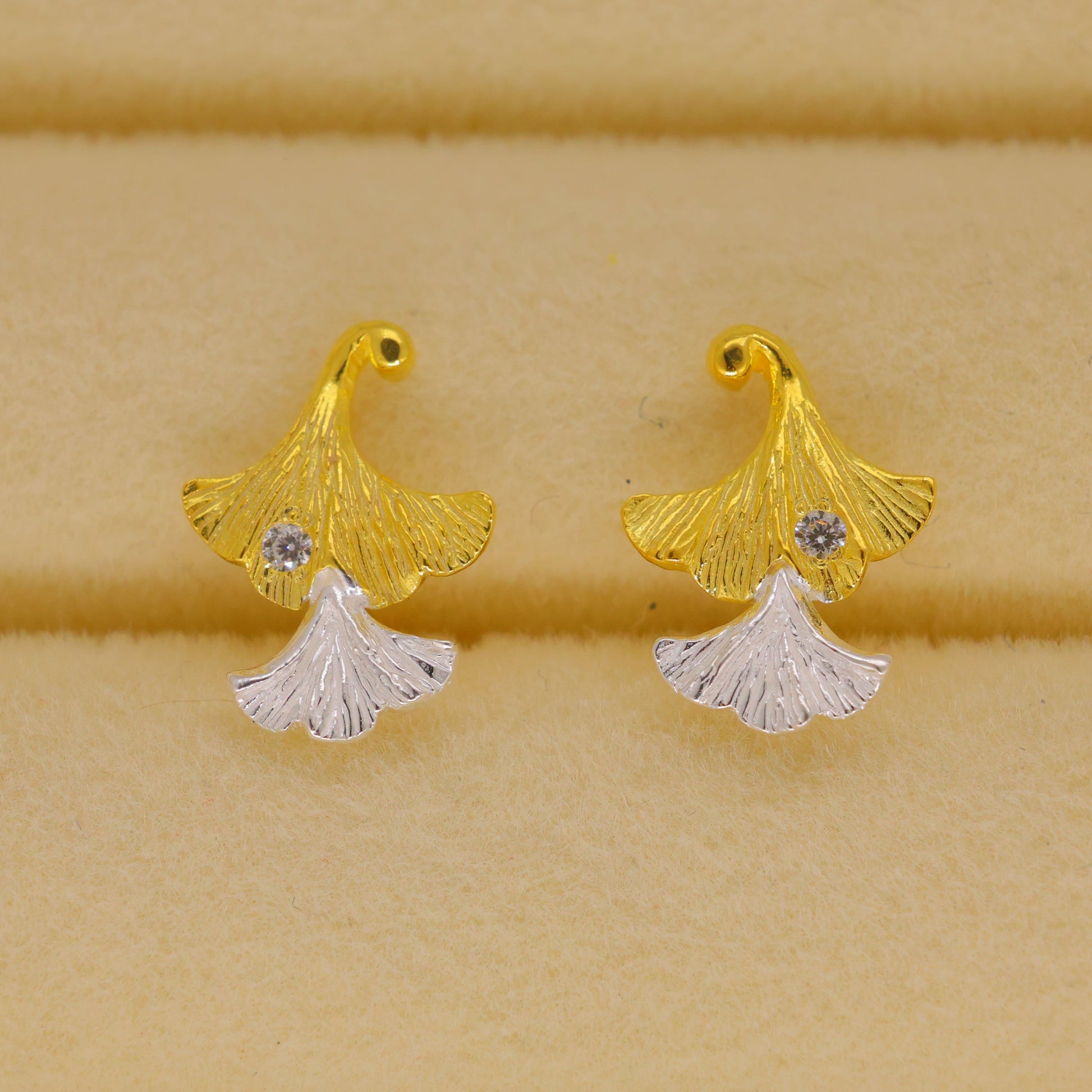 Theline Two-Tone Ginkgo Stud Earrings in 18K Gold over 925 Silver by MOA - view 2